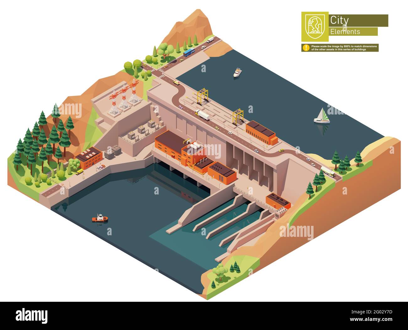 Vector isometric hydroelectric power station or plant Stock Vector