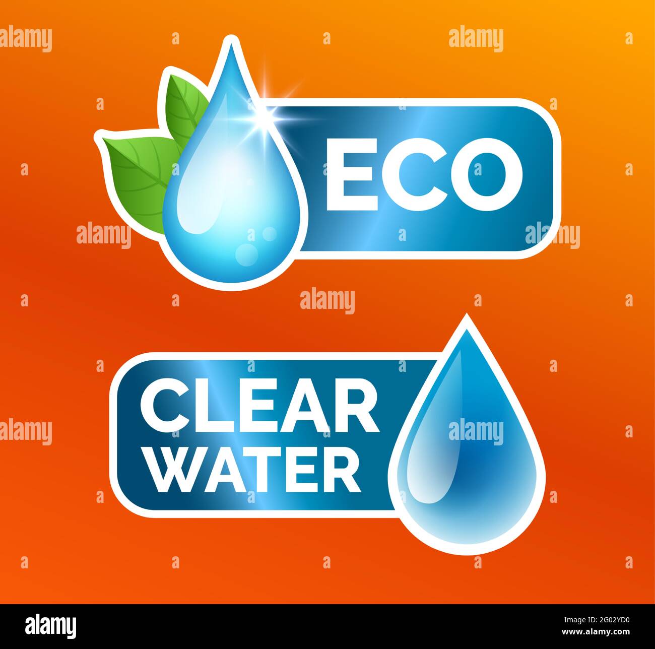 Laundry sticker icons set, laundry detergent, washing machine - eco cleaning and water softening, quality improvement. Blue water drops with leaves ve Stock Vector