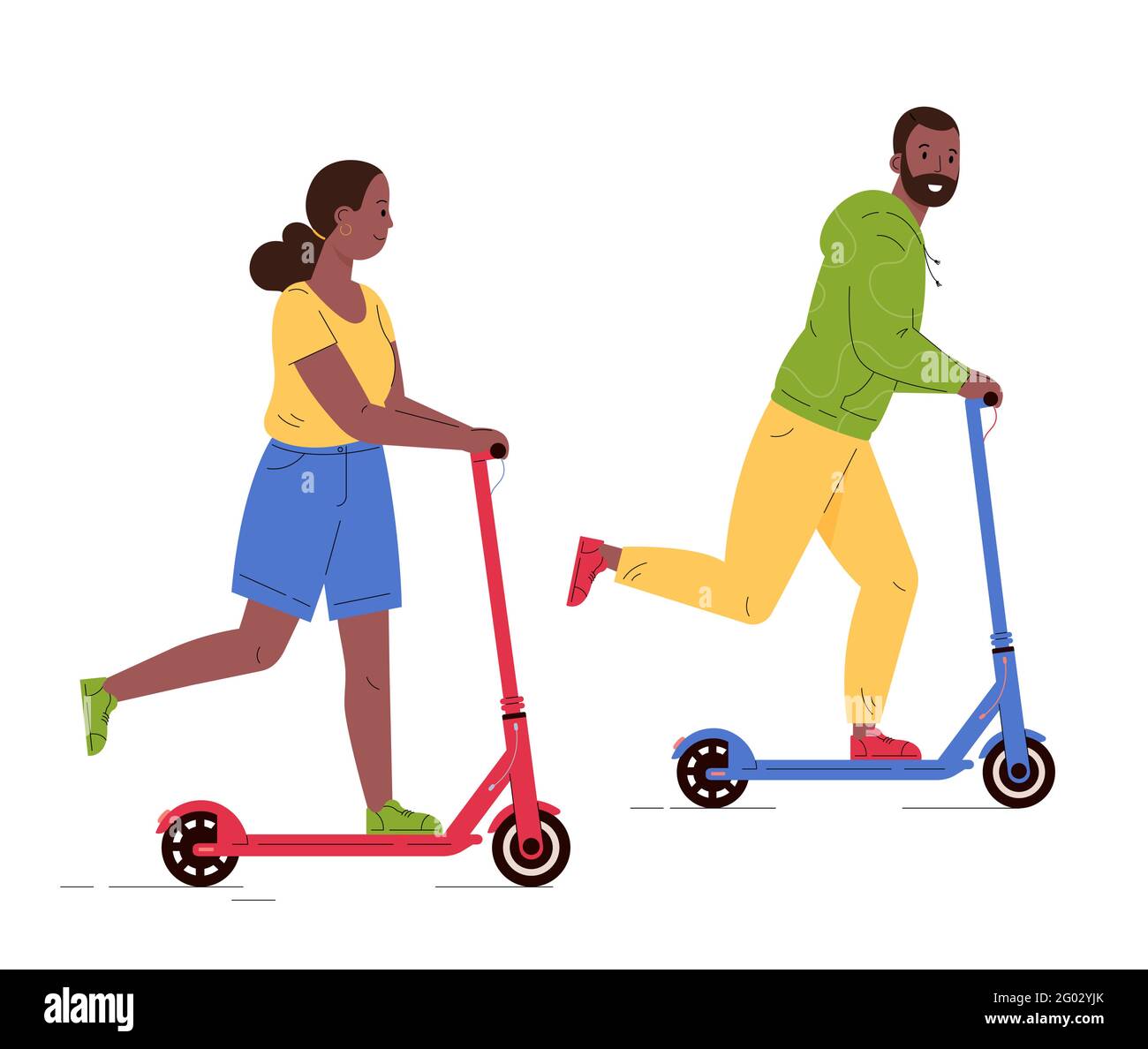 Man and woman riding electric walk scooters. Stock Vector