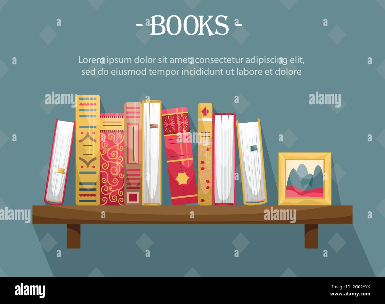 Books with retrostyle covers on a wall bookshelf with a picture frame