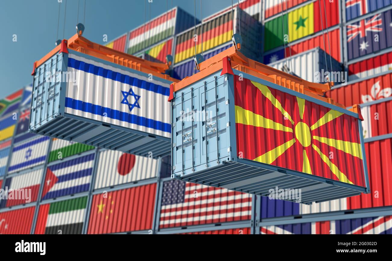 Two freight container with Israel and North Macedonia national flag. 3D Rendering Stock Photo