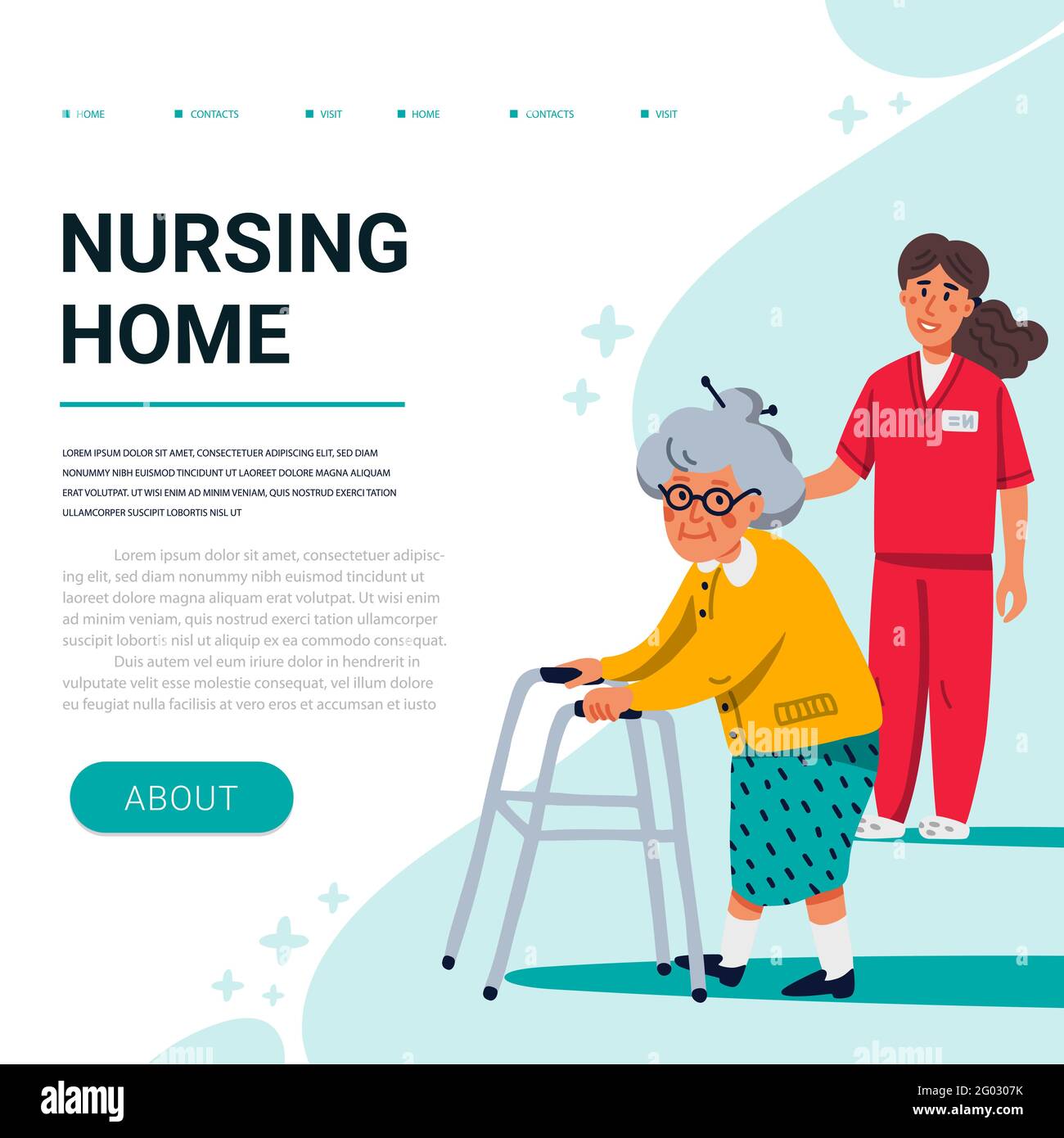Nursing home web banner template. Old lady with paddle walker and young