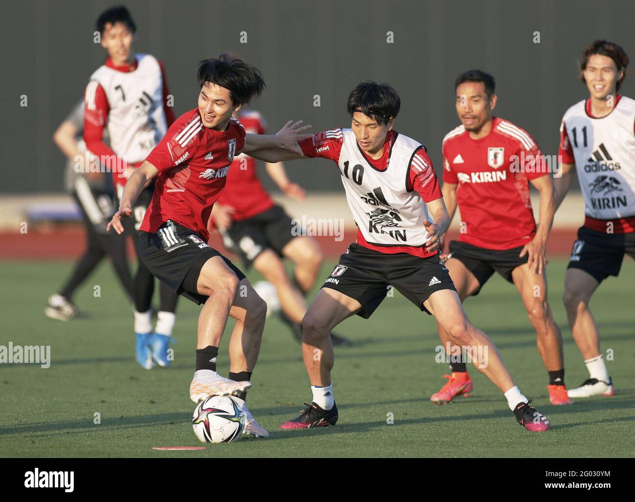 Takumi Minamino L And Genki Haraguchi 2nd From L Vie For The Ball During The National Football Team S Training In Chiba Eastern Japan On May 31 21 Three Days Before A Friendly Takumi Minamino L And Genki Haraguchi 2nd From L Vie For The Ball During The National Football Team S Training In Chiba Eastern Japan On May 31 21 Three Days Before A Friendly