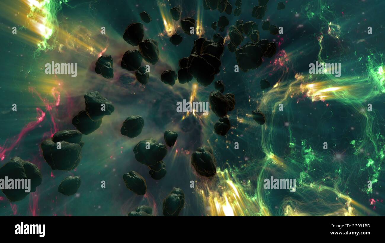 3d illustration - Nebula And Asteroid Field In Deep Space Stock Photo ...