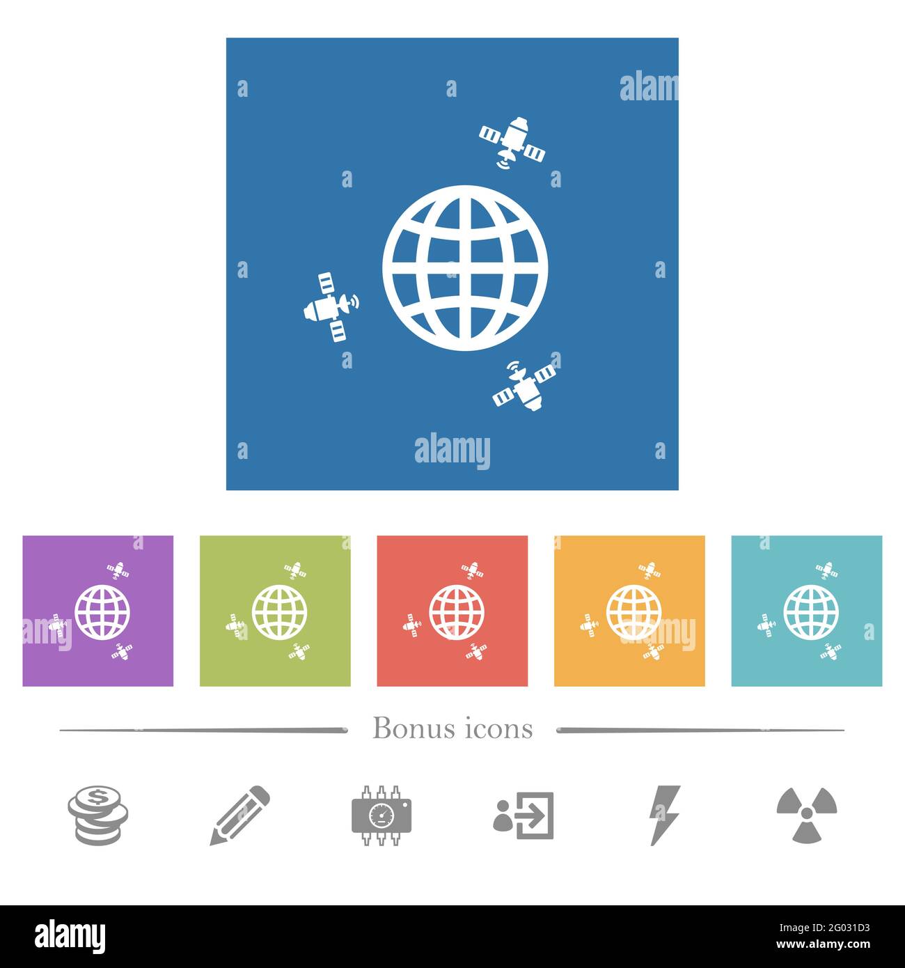 Satellite communication flat white icons in square backgrounds. 6 bonus ...