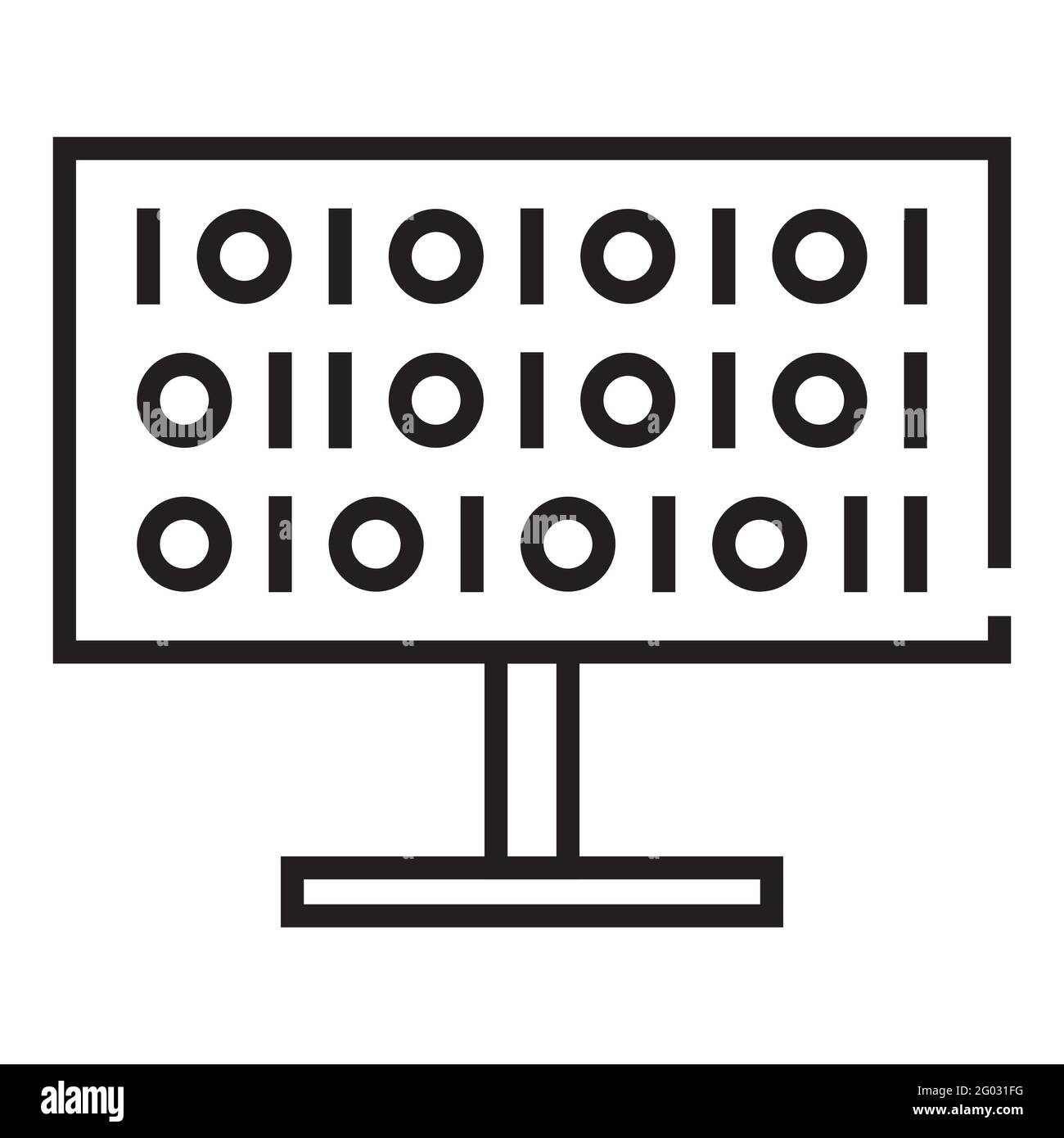 Computer with cryptocurrency mining code outline icon isolated on white background Stock Vector