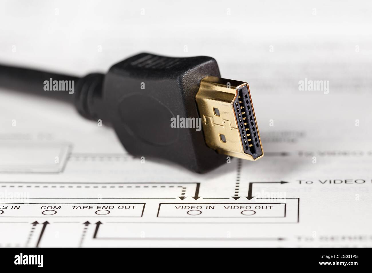 HDMI connector on the background of the video signal connection diagram. Stock Photo