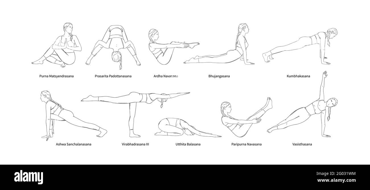 Yoga set with sanscrit asana names. Yogi woman full body workout ...
