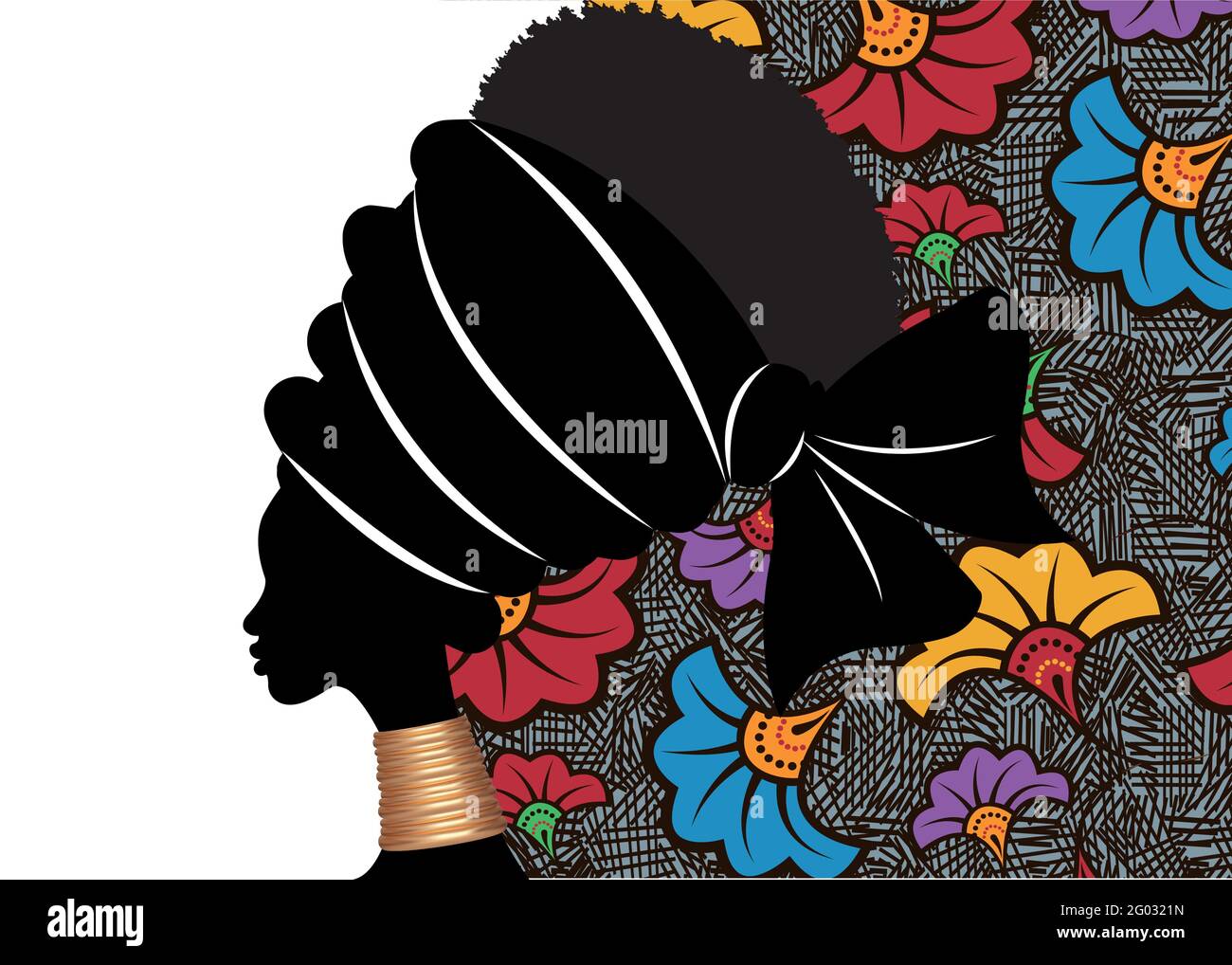 Banner portrait African woman in traditional turban. Tribal motif wedding flowers background, Kente head wrap. African ethnic necklace, black women Stock Vector