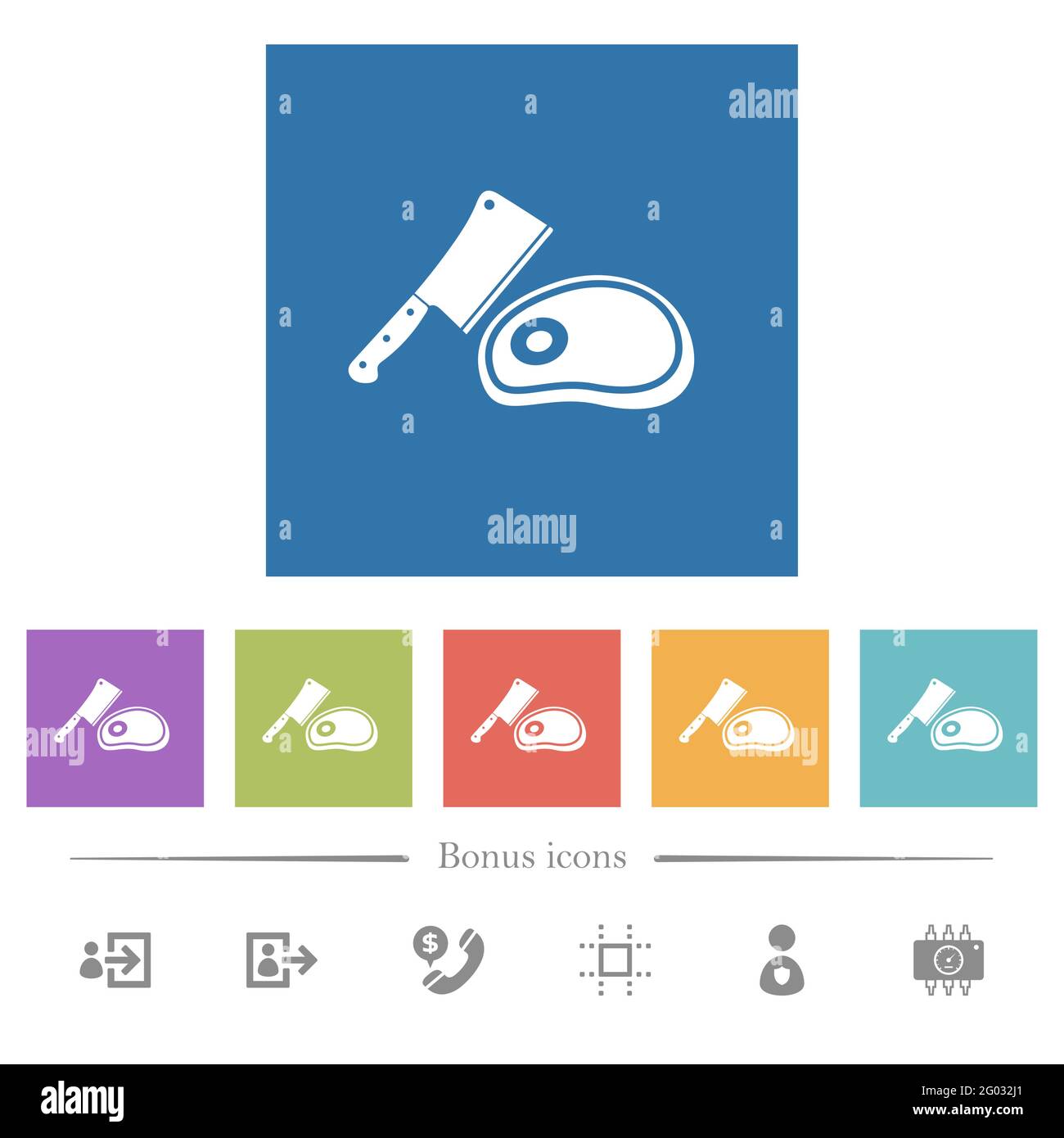 Meat cleaver knife and steak flat white icons in square backgrounds. 6 ...