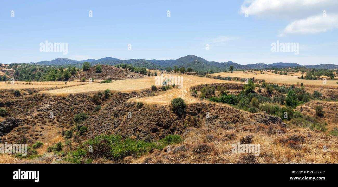 Beautiful typical summer mountain landscape. Troodos, Cyprus. Stock Photo