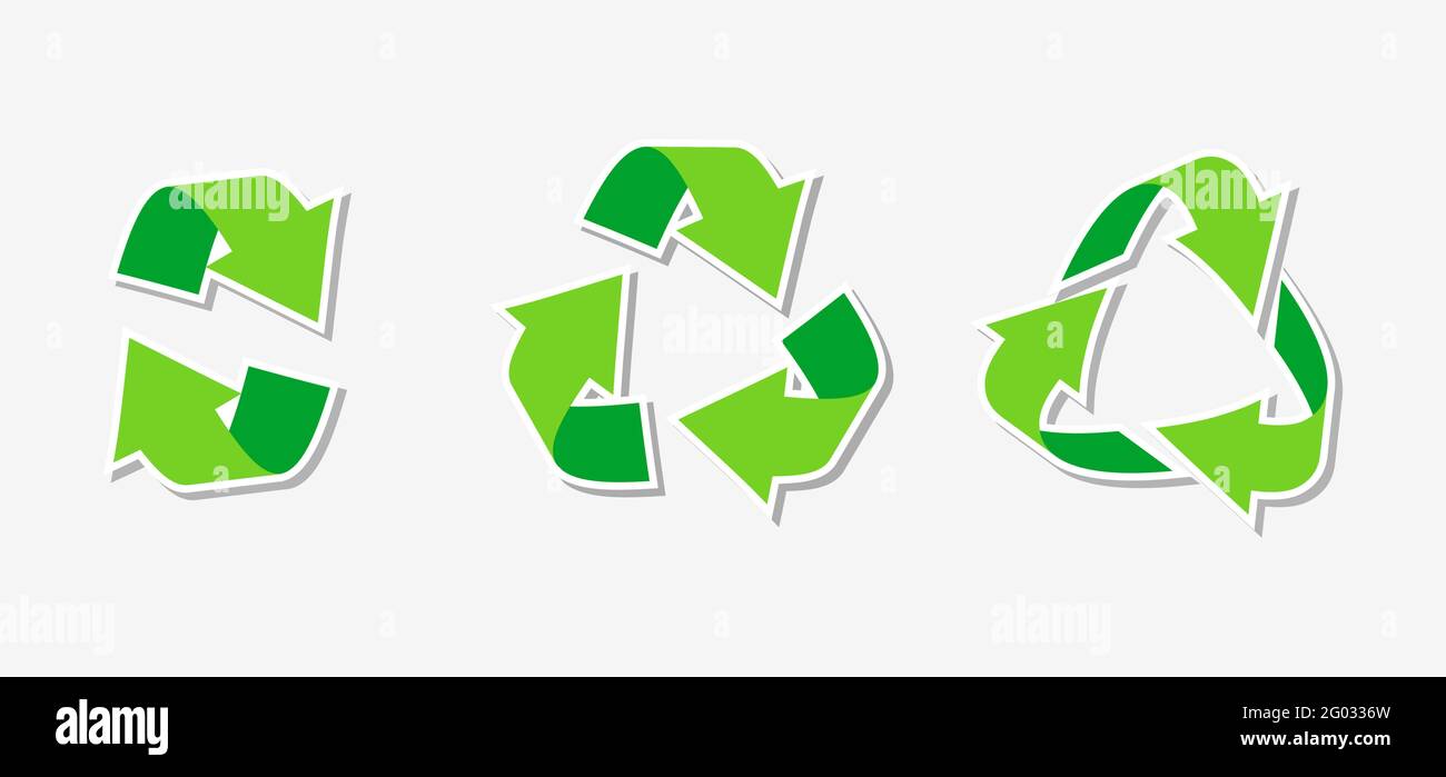 Paper sticker eco friendly green triangular recycling symbol. Rotate circle arrow icon. Rotation, infographics element for website, app. Logo for using recycled resources. Isolated vector illustration Stock Vector