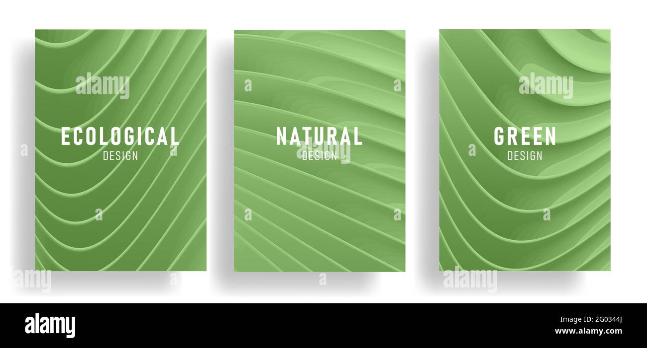 Set of nature green posters covers with 3d waves forming elegant surface, trendy stylish backdrop Stock Vector