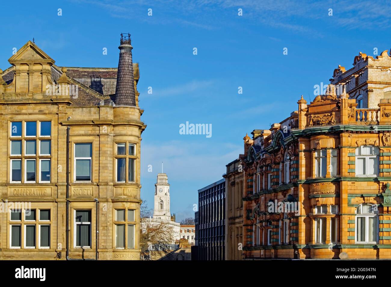 UK, South Yorkshire, Barnsley, Town Hall and Wellington House from Wellington Street. Stock Photo