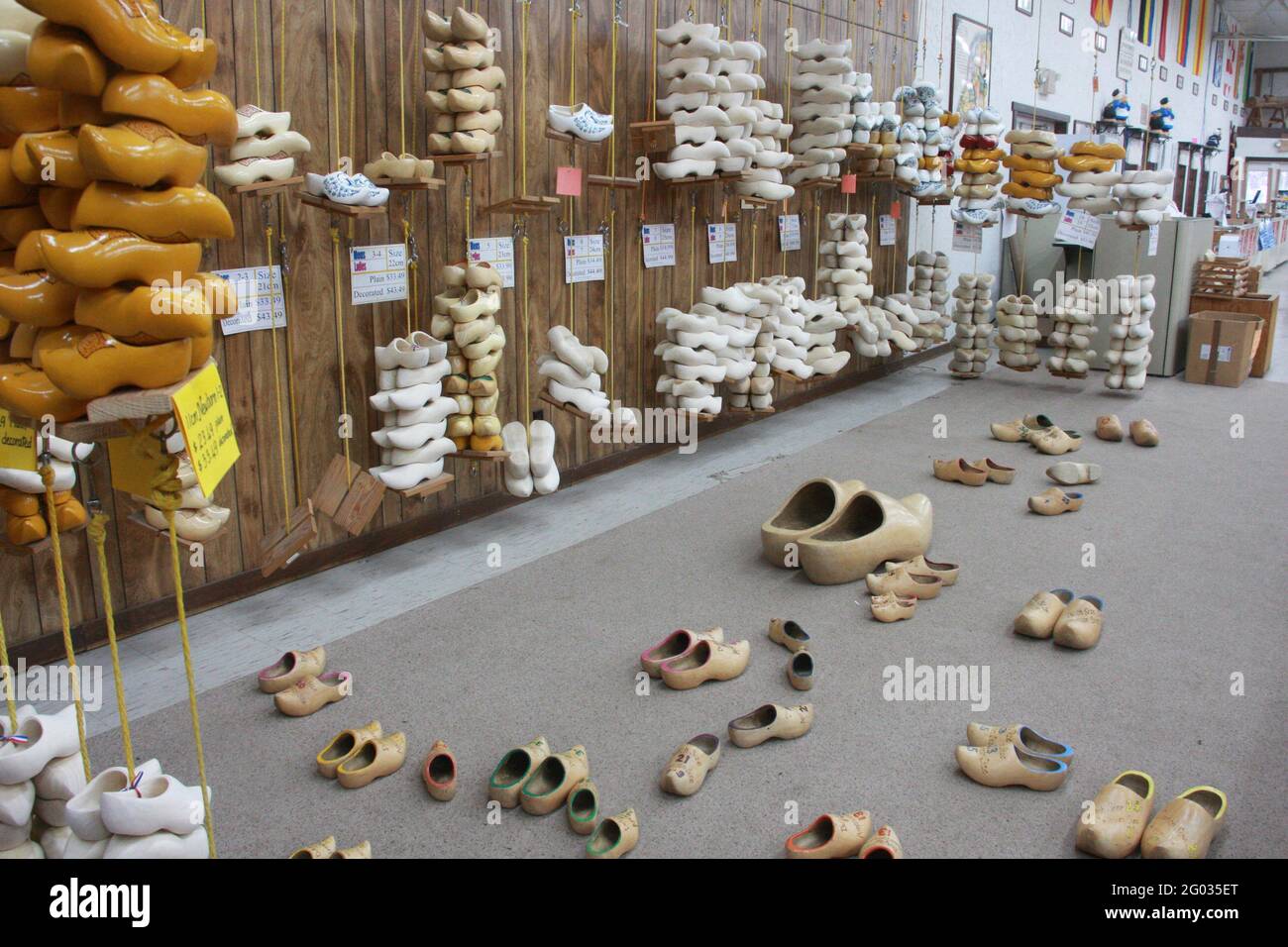 Holland, MI, USA. Traditional Dutch wooden shoes for sale at the De Klomp Wooden Shoe and Delft Factory. Stock Photo