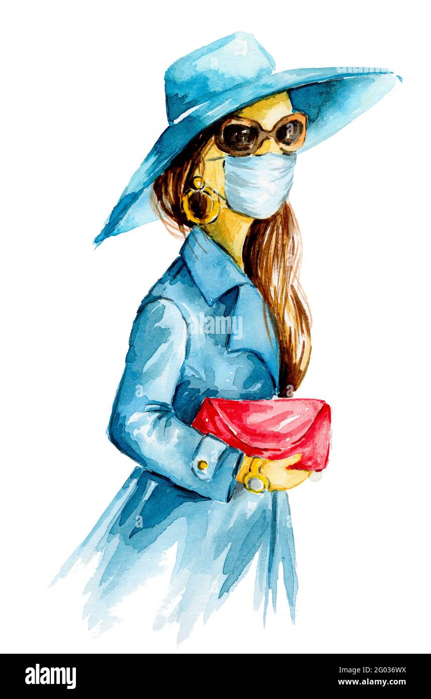 Woman wearing stylish protective face mask In a blue coat and a stylish pink handbag. Handrawn watercolor painted. Stock Photo