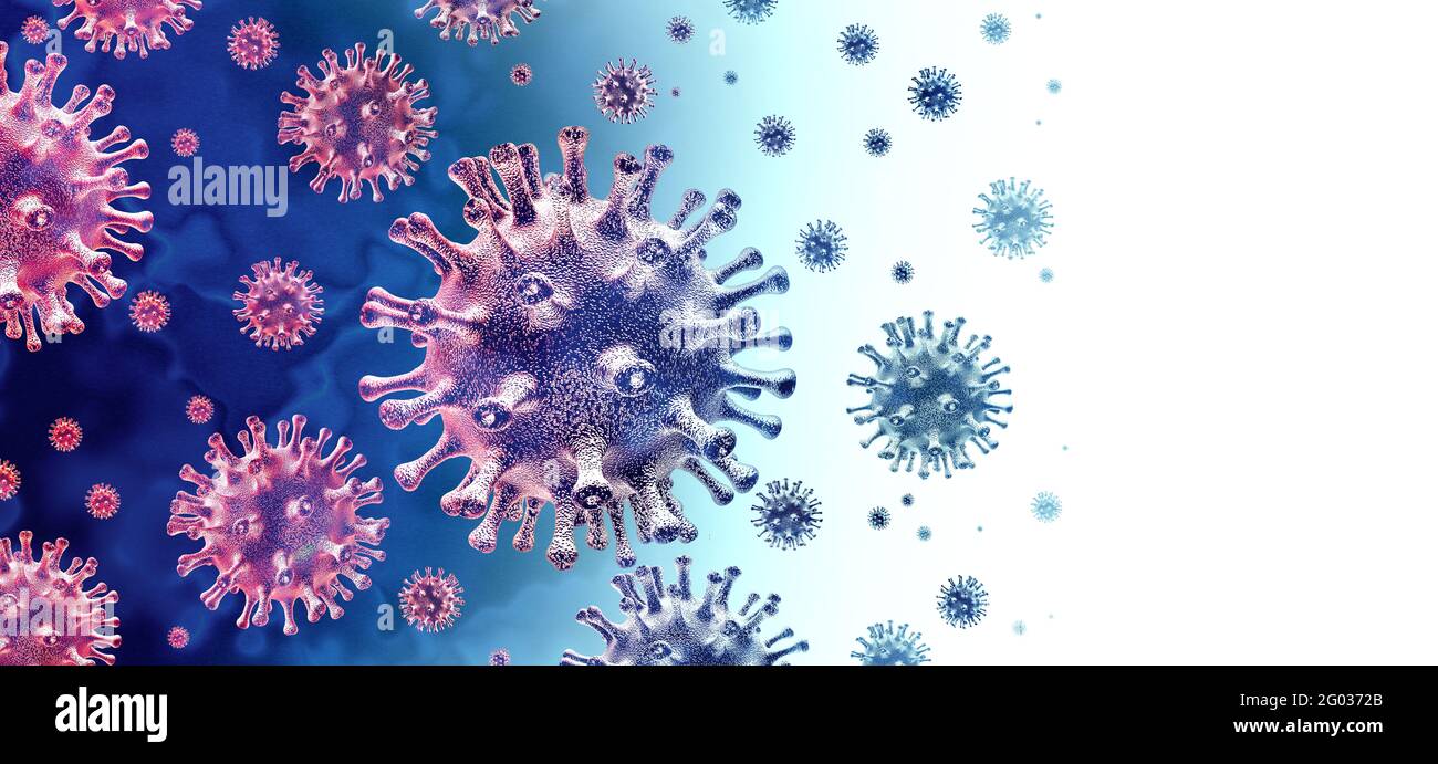 Virus infection recovery as a biology symbol for declining infectious cells spreading during an outbreak due to flu or coronavirus vaccine. Stock Photo