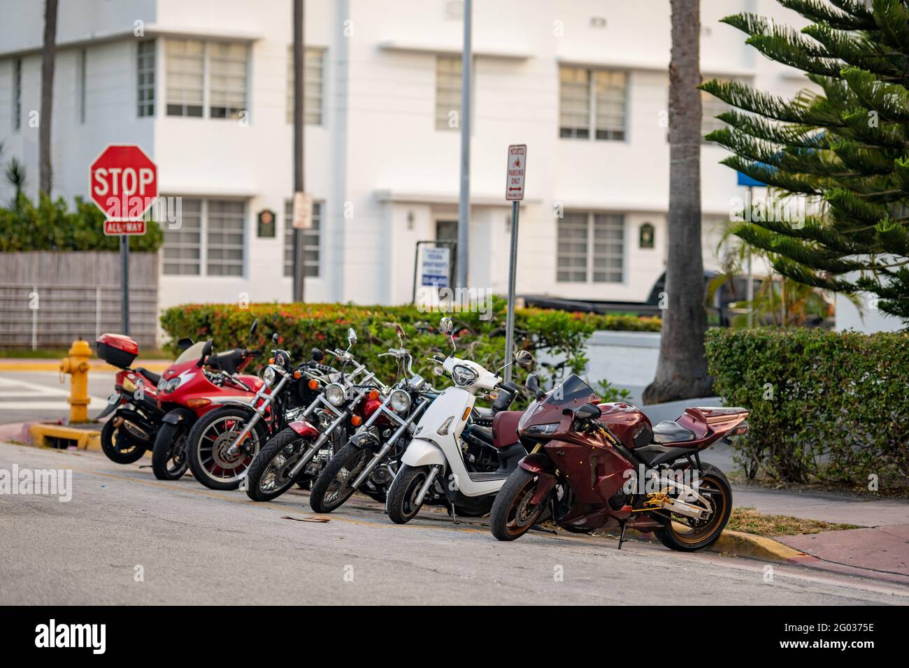 Miami Beach, FL, USA May 28, 2021 Street parking motorcycles and scooters Miami Beach Stock