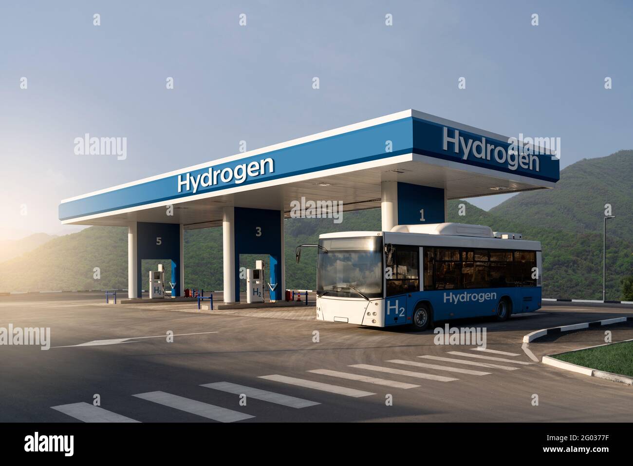 Fuel cell bus at the hydrogen filling station. Concept Stock Photo