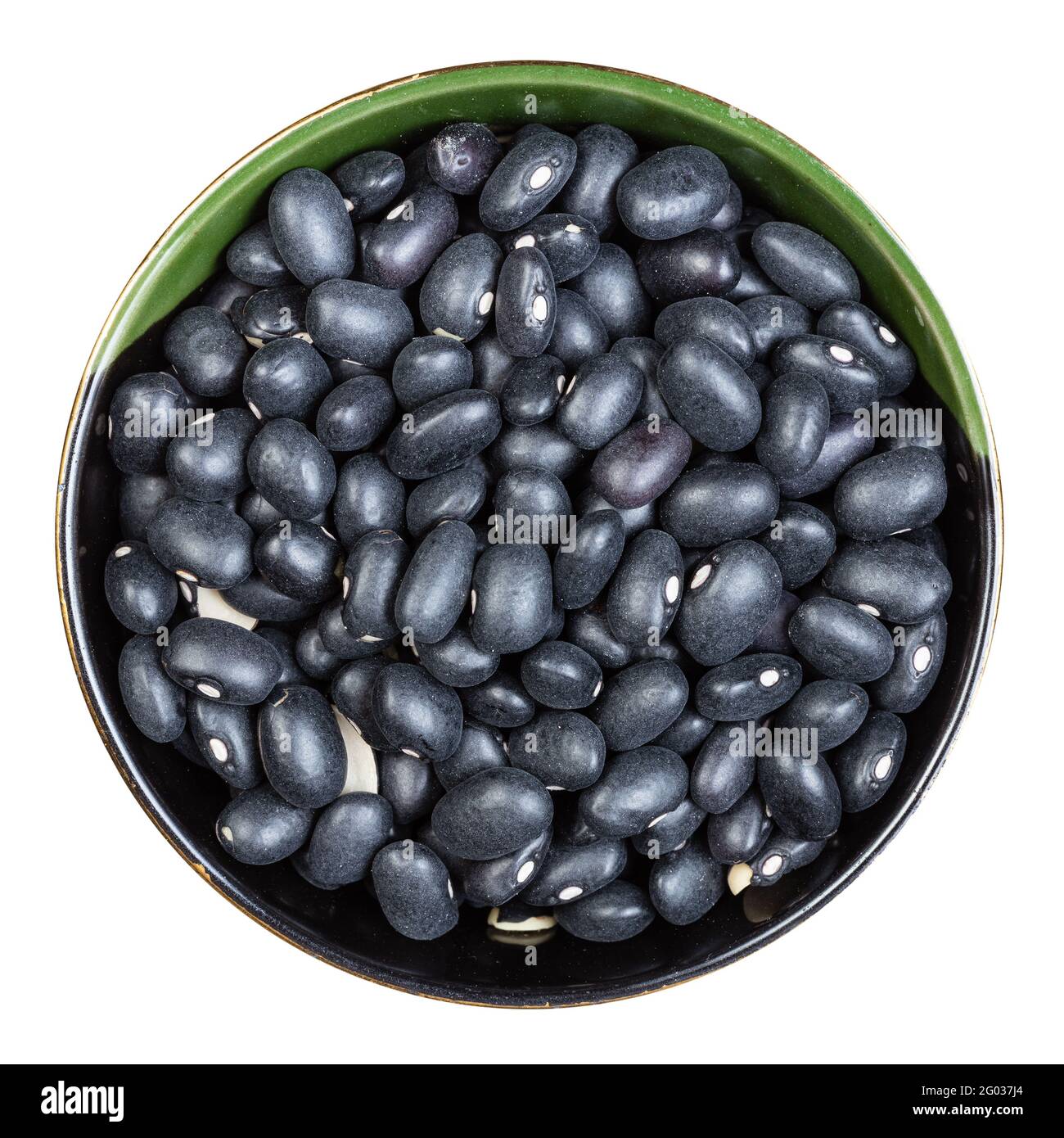 top view of black mexico beans in round bowl isolated on white background Stock Photo