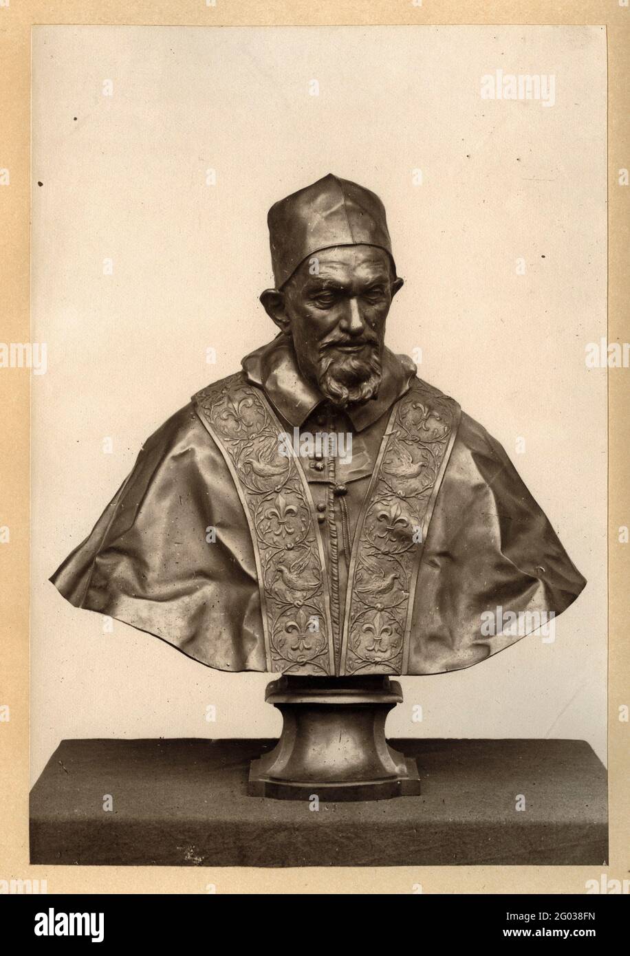 Bronze bust of Pope Innocent X (1574 - 1655) by Domenico Guidi (1625 - 1701), circa 1690 (cast) after a terracotta model by Alessandro Algardi (1598 - 1654), 1650, located in the South Kensington Museum (later known as the Victoria and Albert Museum), London, England, 1876. Photography attributed to Isabel Agnes Cowper (1826 - 1911), 1876. Stock Photo