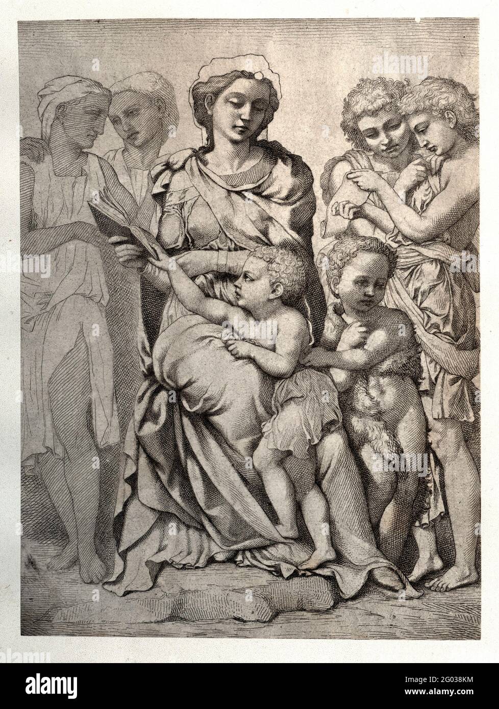 Engraving titled 'Saint Mary (the Blessed Virgin) with the Christ Child, Saint John the Baptist and Angels' by Alphonse François (1814 - 1888), 1859, after a painting by Michelangelo Buonarroti (1475 - 1564), 1512. Published in 'Michael Angelo Buonarroti' by Charles Christopher Black, 1875. Stock Photo