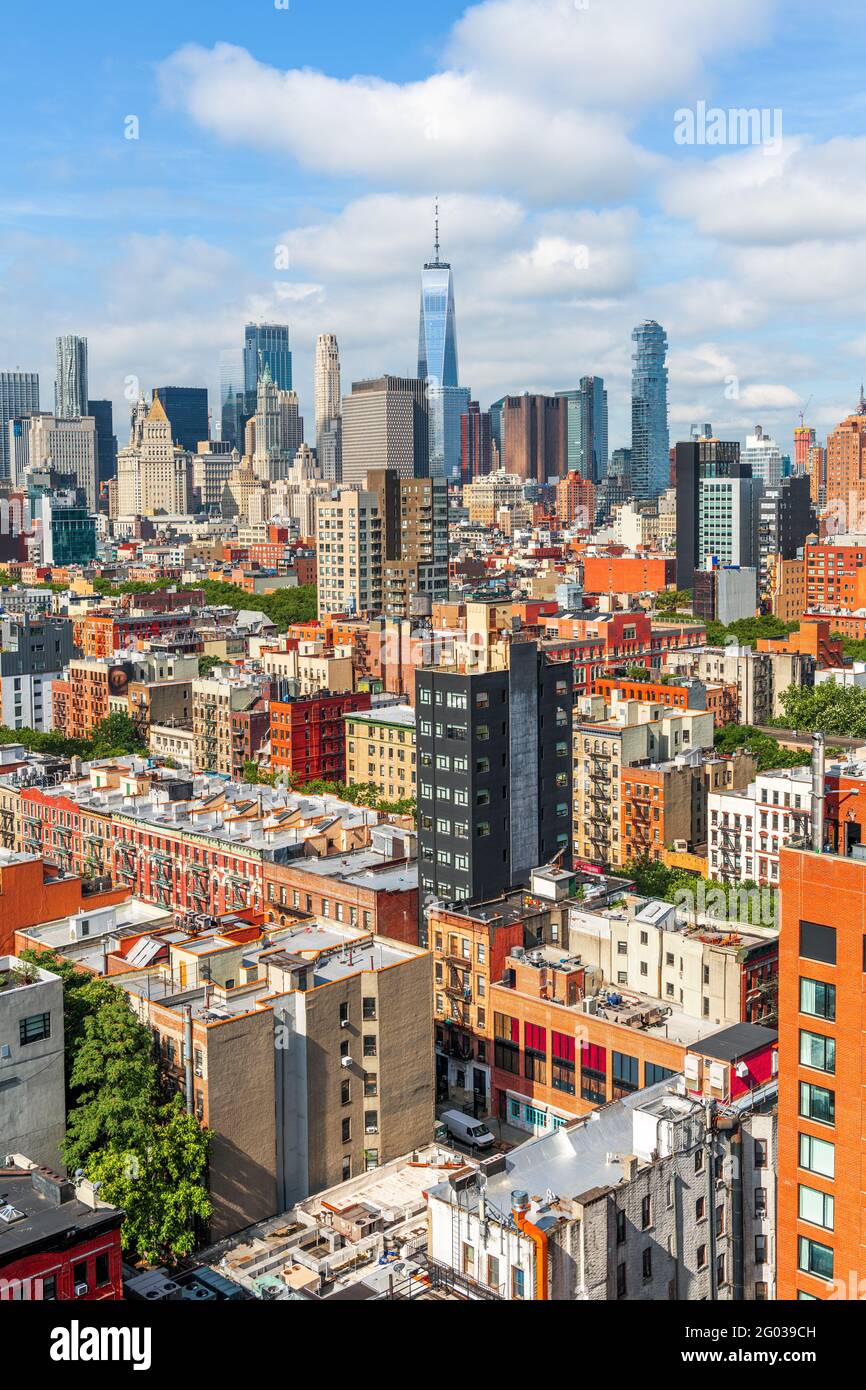 New York, New York, USA Lower Manhattan city skyline rooftop view from the Lower East in the afternoon. Stock Photo