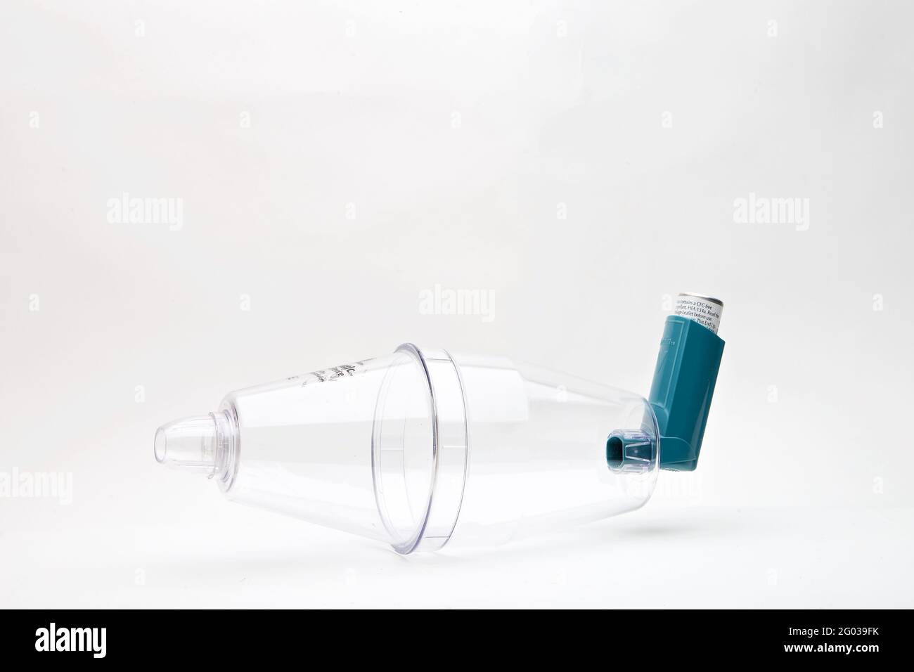 Volumatic Spacer Device and Salbutamol inhaler. Stock Photo