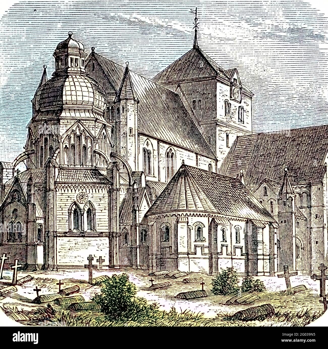 The cathedral in Drontheim, Trontheim in Norway, in 1870  /  Der Dom in Drontheim, Trontheim in Norwegen, im Jahre 1870, Historisch, historical, digital improved reproduction of an original from the 19th century / digitale Reproduktion einer Originalvorlage aus dem 19. Jahrhundert, Koloriert, Kolorierung, koloriert, handkoloriert, Hand-colouring, hand coloured, colored Stock Photo