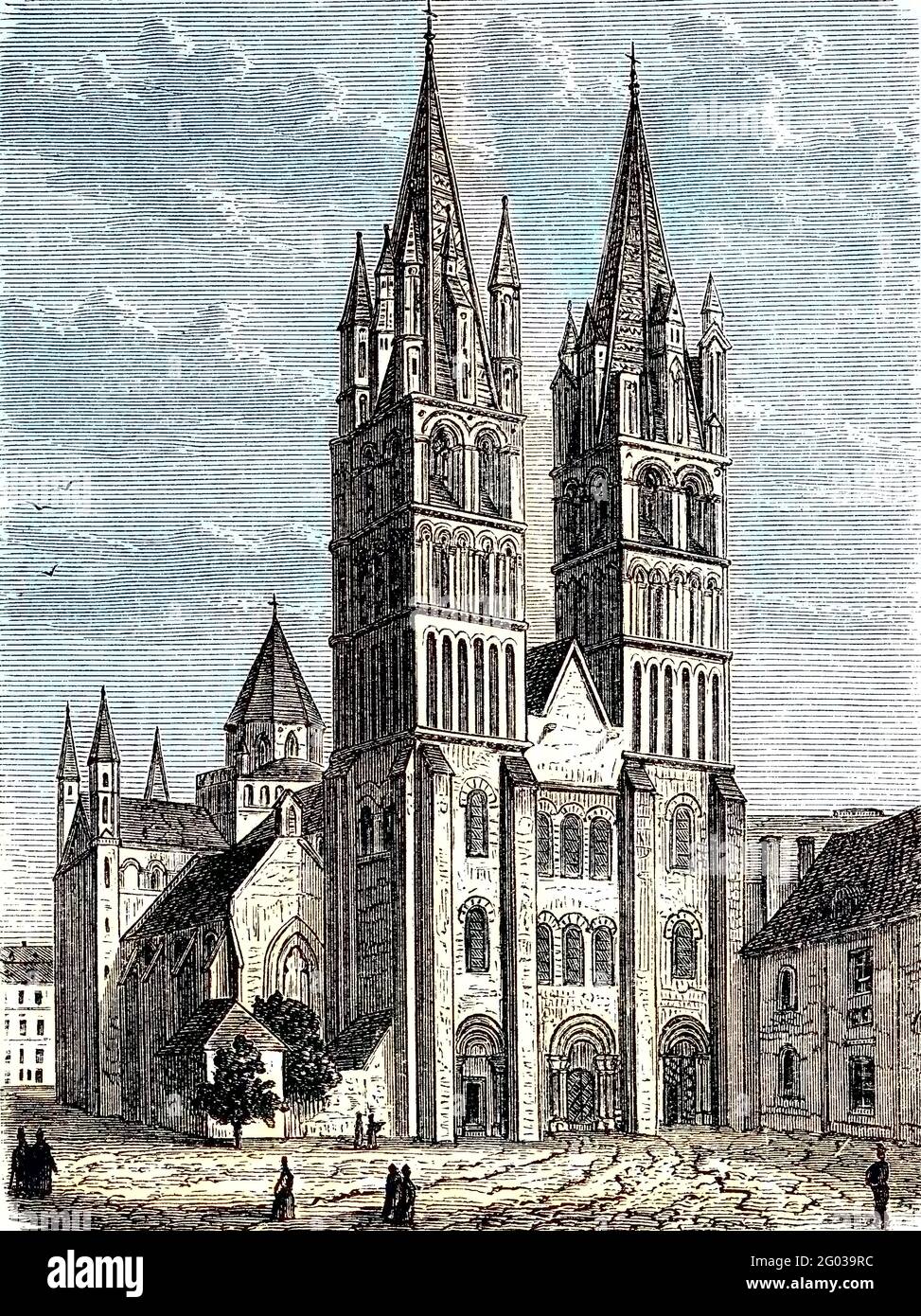 Cathedral of St. Stephen in Caen, burial place of William the Conqueror, Normandy, France, in 1870  /  Kathedrale St. Stephan in Caen, Grabstätte von Wilhelm der Eroberer, Normandie, Frankreich, im Jahre 1870, Historisch, historical, digital improved reproduction of an original from the 19th century / digitale Reproduktion einer Originalvorlage aus dem 19. Jahrhundert, Koloriert, Kolorierung, koloriert, handkoloriert, Hand-colouring, hand coloured, colored Stock Photo
