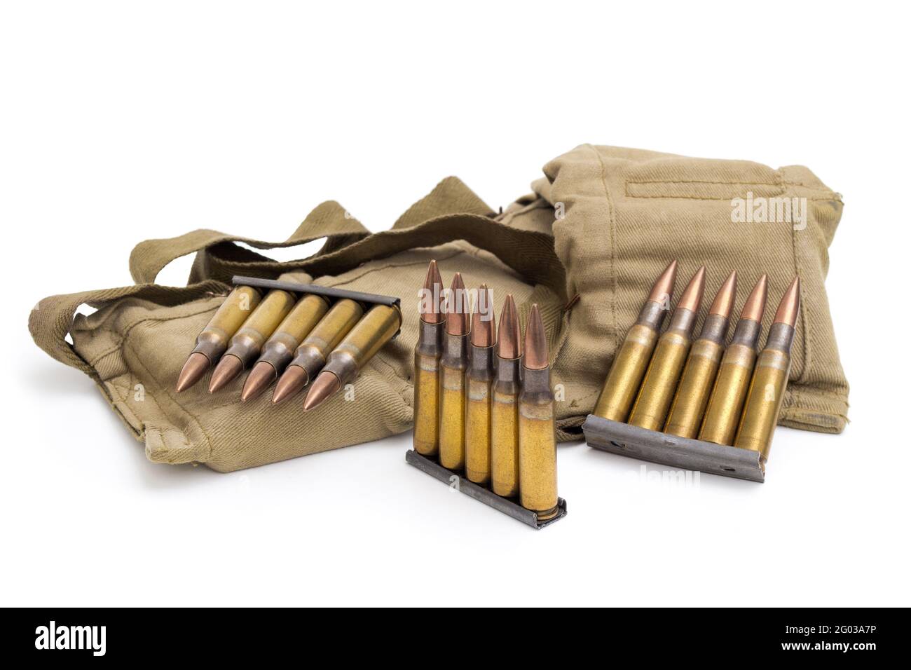 Military bandolier and 7.62 Nato ammunition on white. Stock Photo