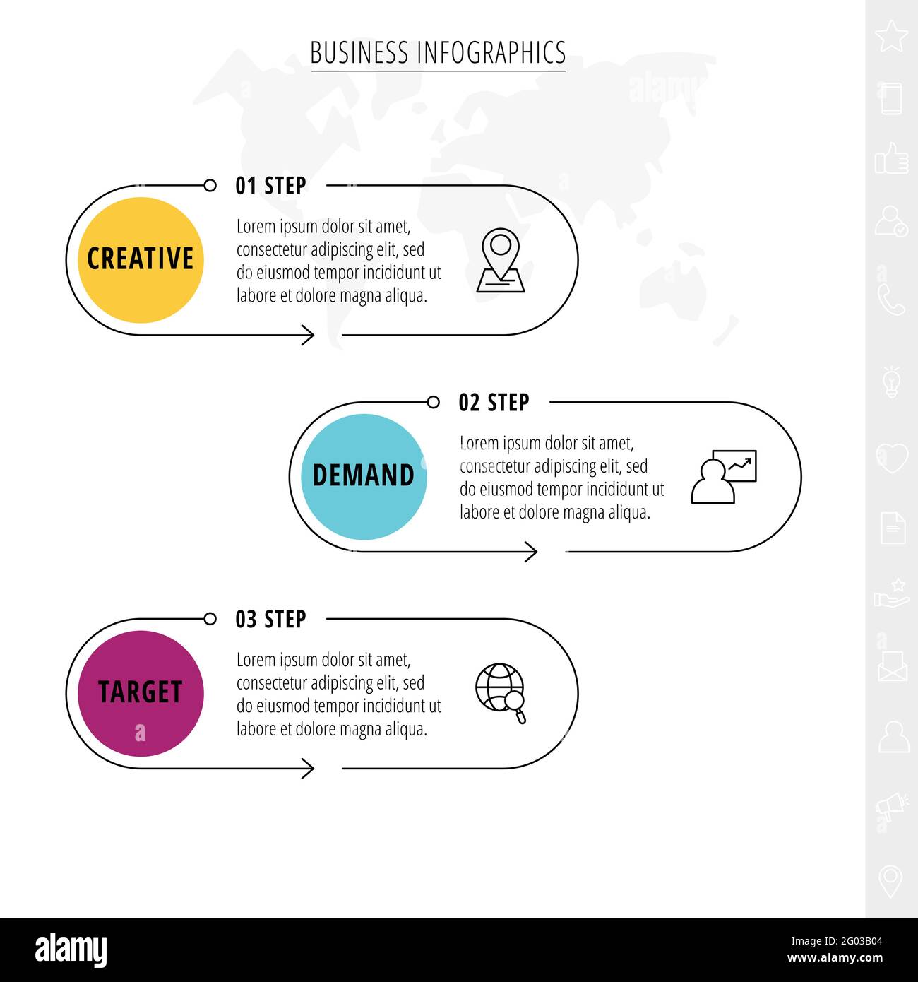 Vector 3 step line infographic from circles with icons. Modern timeline ...