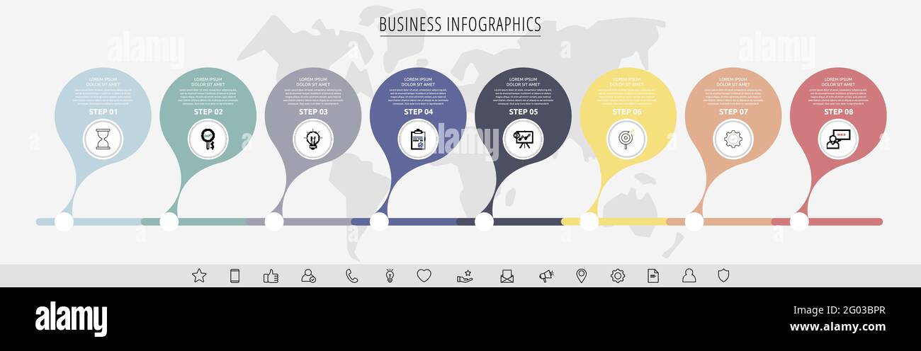 Vector eight step infographics from circles with icons. Modern timeline ...