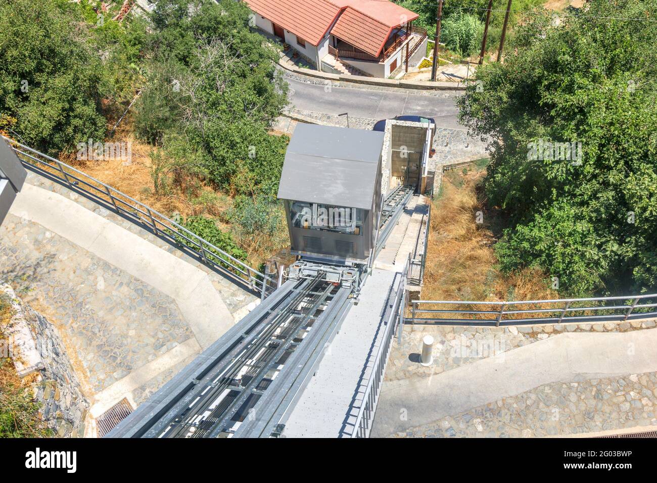 Funicular Railway in Kalopanagiotis village near Monastery of St. John Lampadistis. Cyprus. Stock Photo