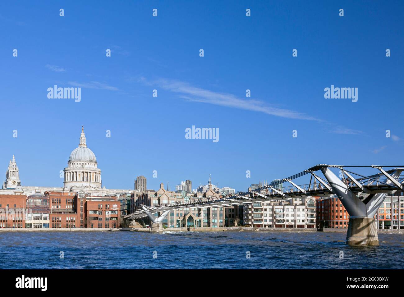 UK, England, London, Bankside, The London Millennium Footbridge with St Paul's Cathedral Stock Photo