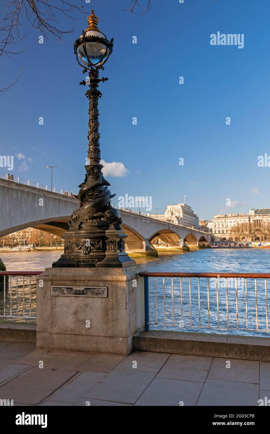 UK, England, London, River Thames with Waterloo Bridge with Traditional decorated Lamp Post on the South Bank Stock Photo