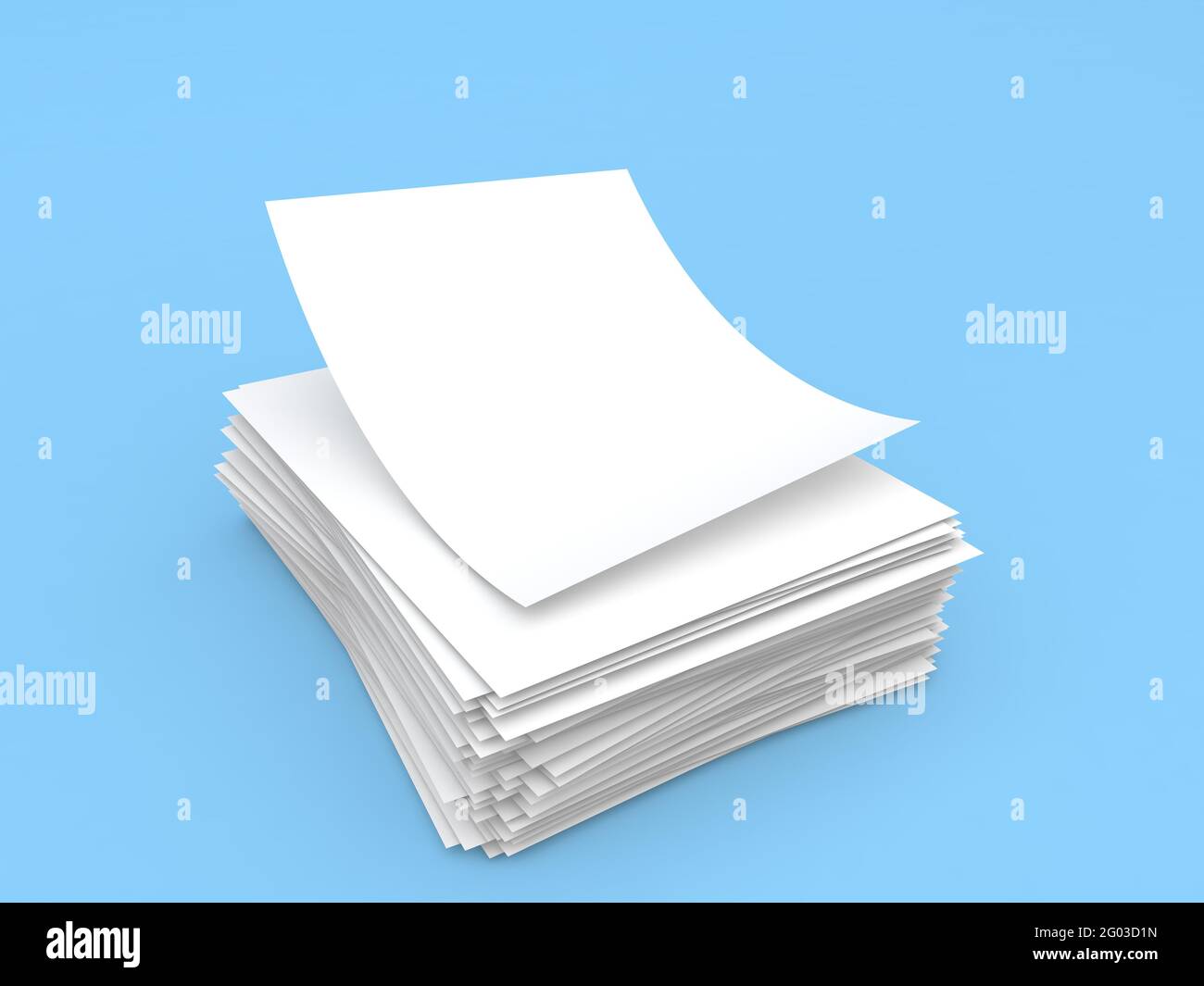Stack of A4 paper on a blue background. 3d render illustration. Stock Photo