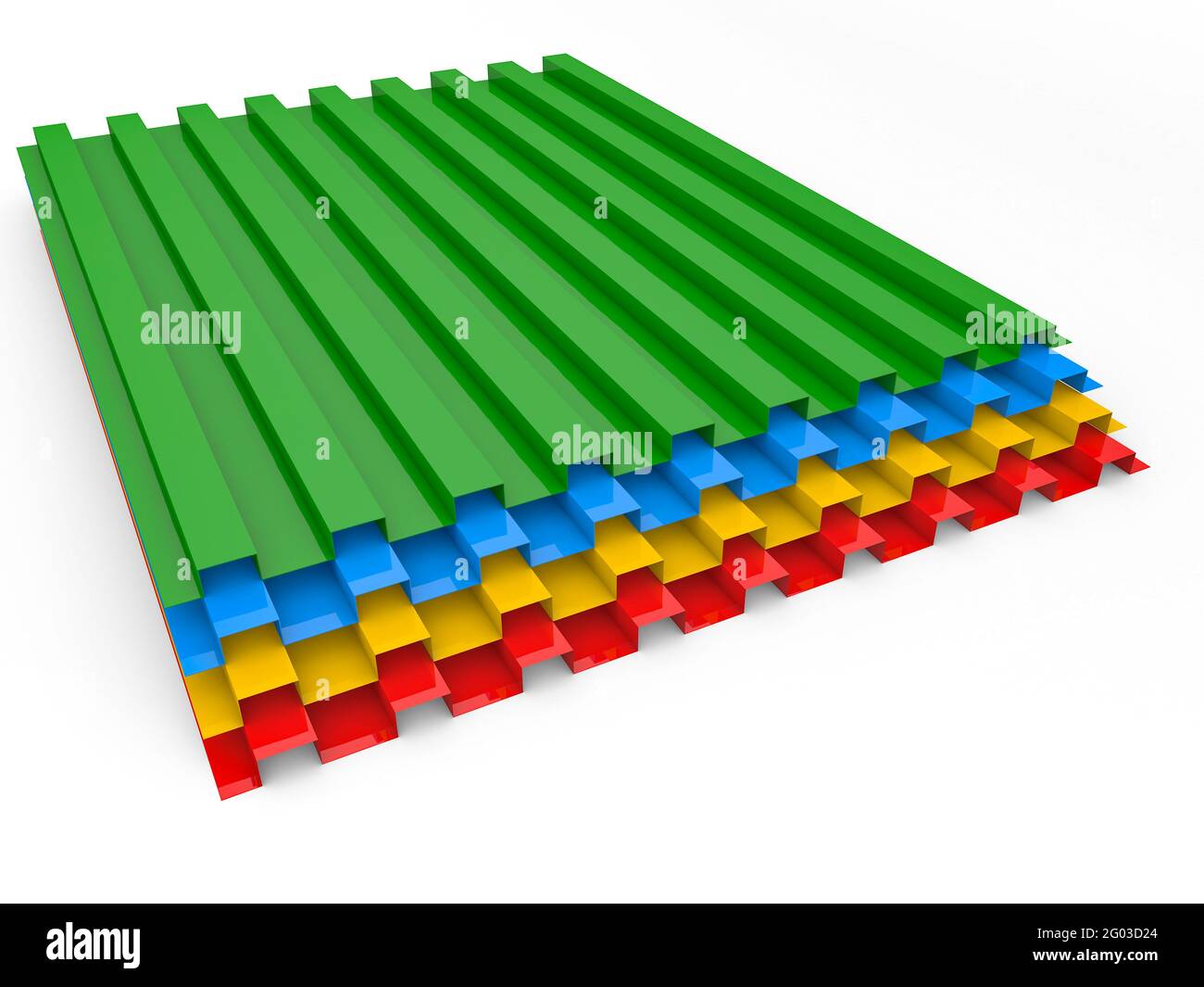 Colored sheets of metal profiles for the roof on a white background. 3d render illustration. Stock Photo