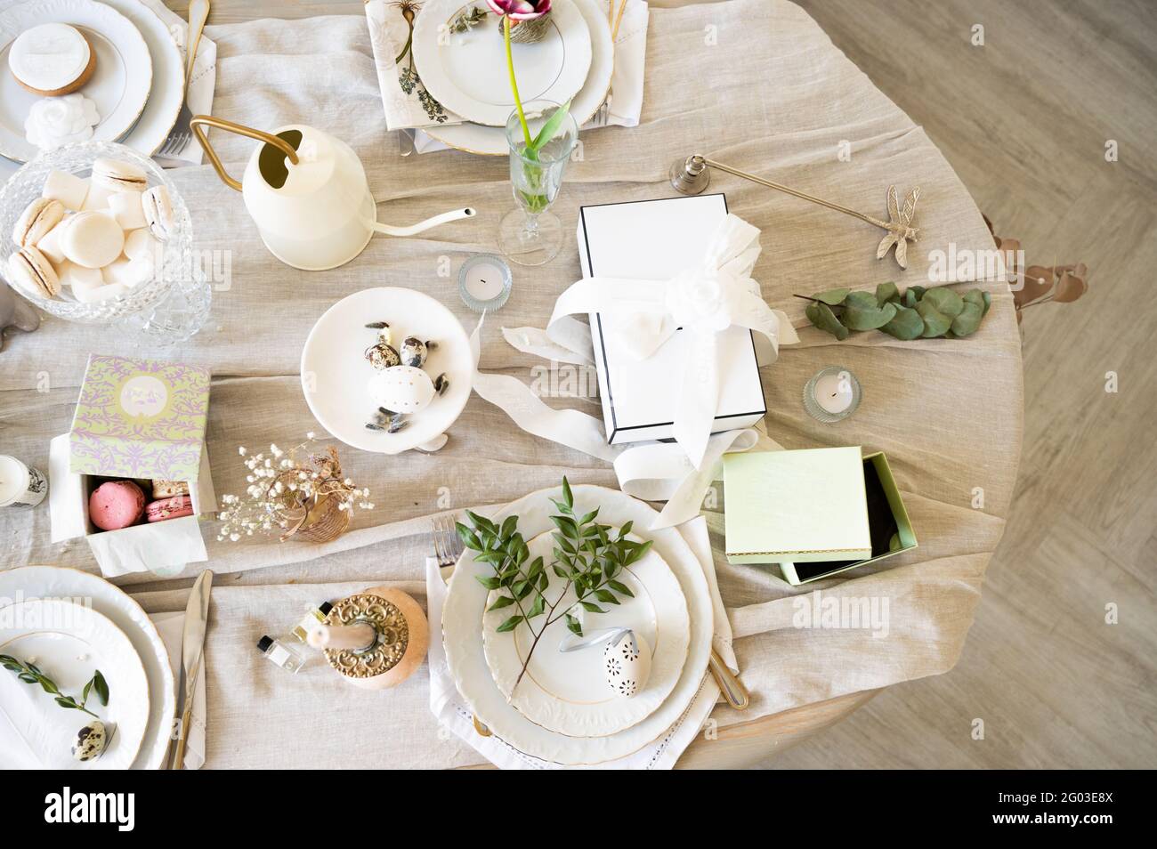 Easter table setting in light colors  Stock Photo