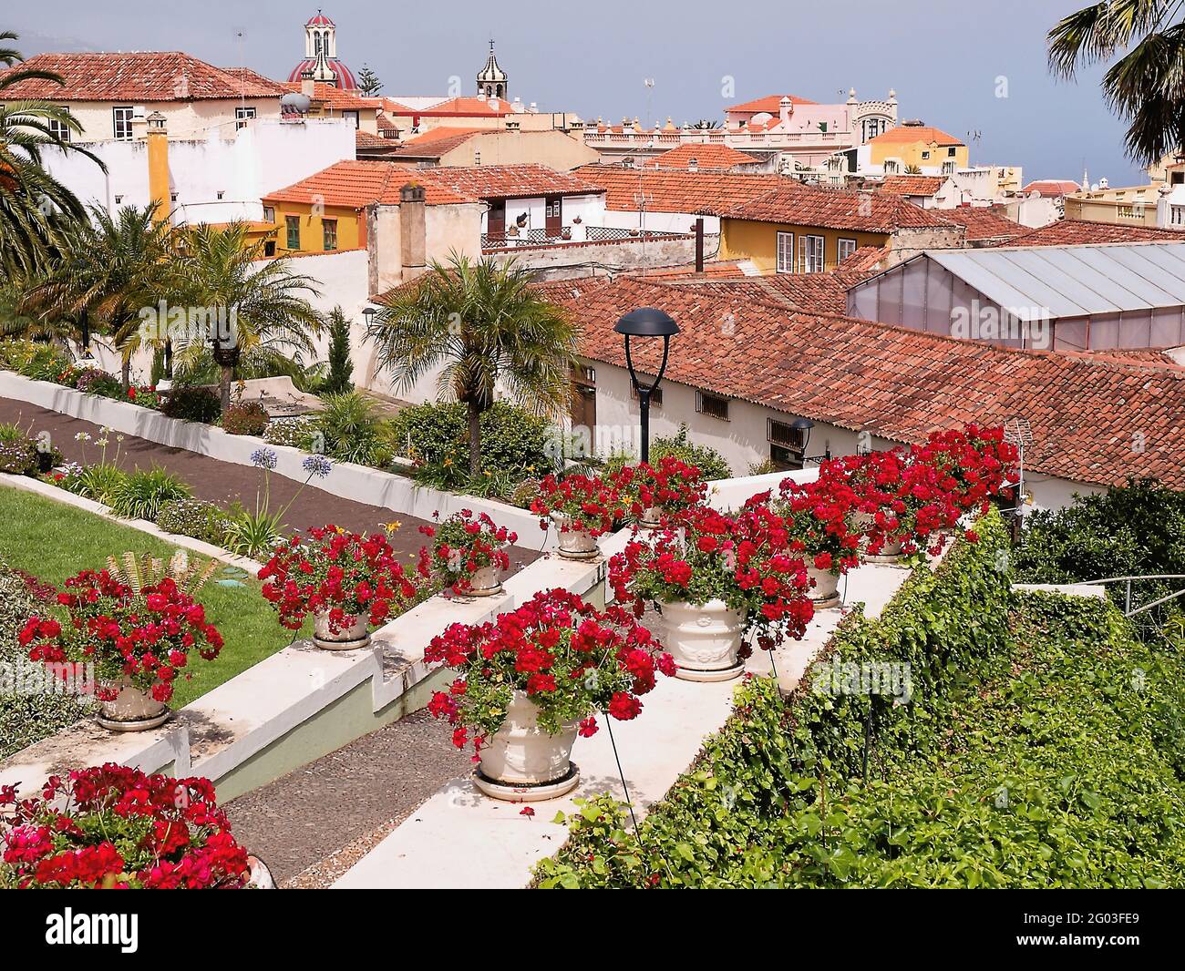 Magnificent view over the red tile roofs of La Orotava on the island of Tenerife View over the old houses and red tile roofs of the old town of 'La Or Stock Photo