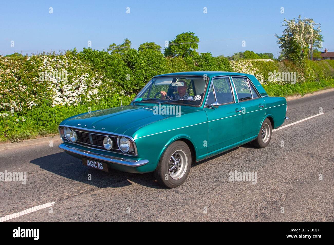 1969 60s green Ford Cortina Mk2 1600E saloon, 1600cc petrol 4dr saloon  en-route to Capesthorne Hall Class car show, Cheshire, UK Stock Photo -  Alamy