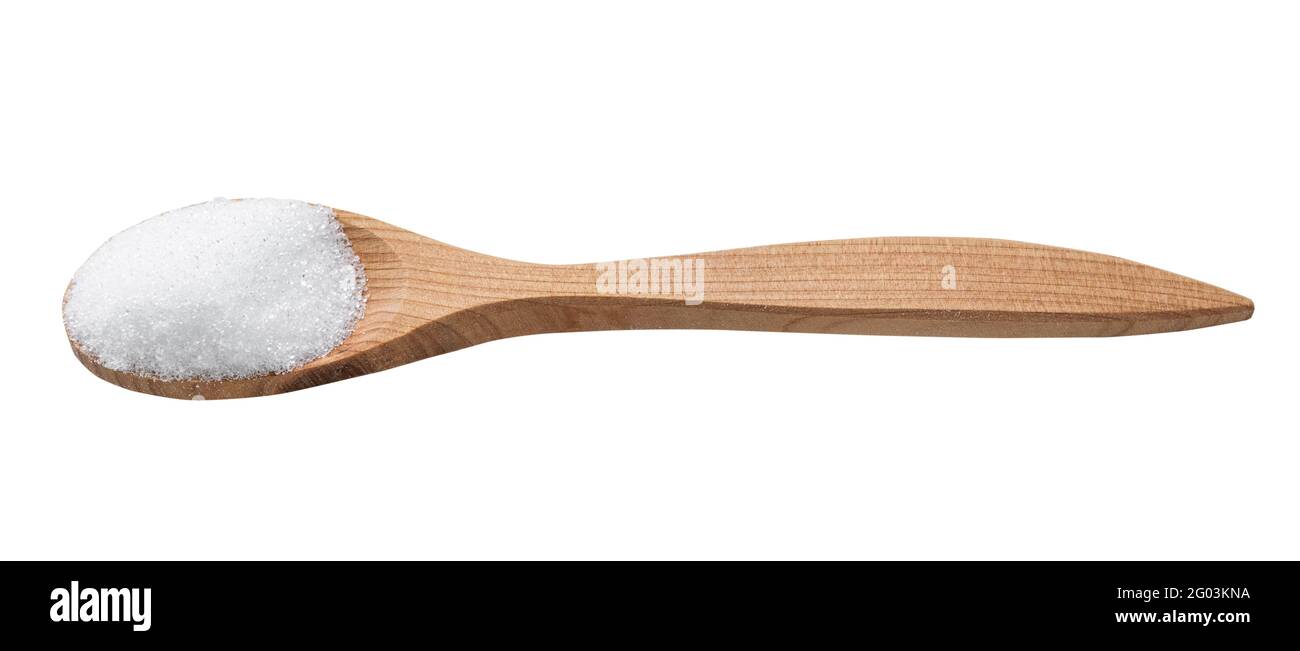 crystalline erythritol sugar substitute in wooden spoon isolated on
