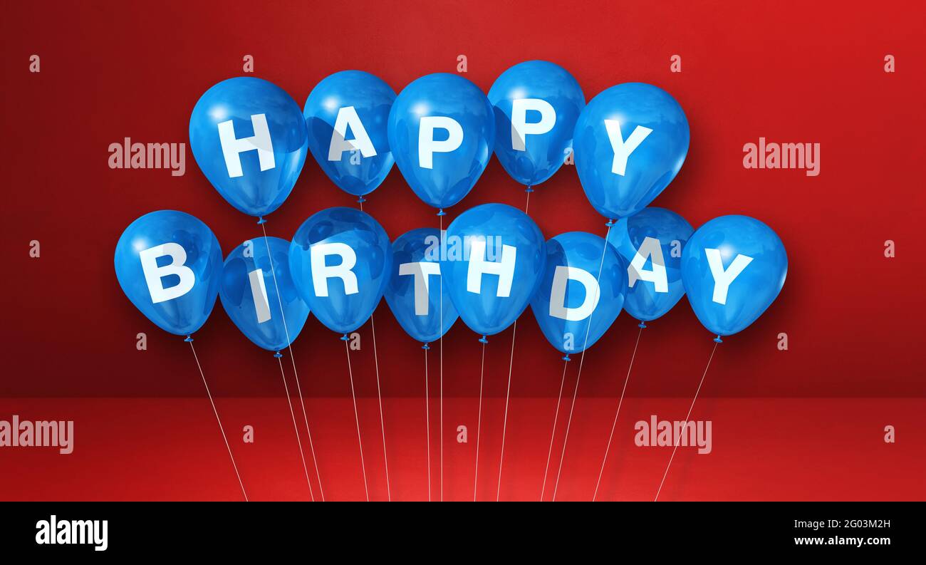 Blue happy birthday air balloons on a red background scene. Horizontal ...