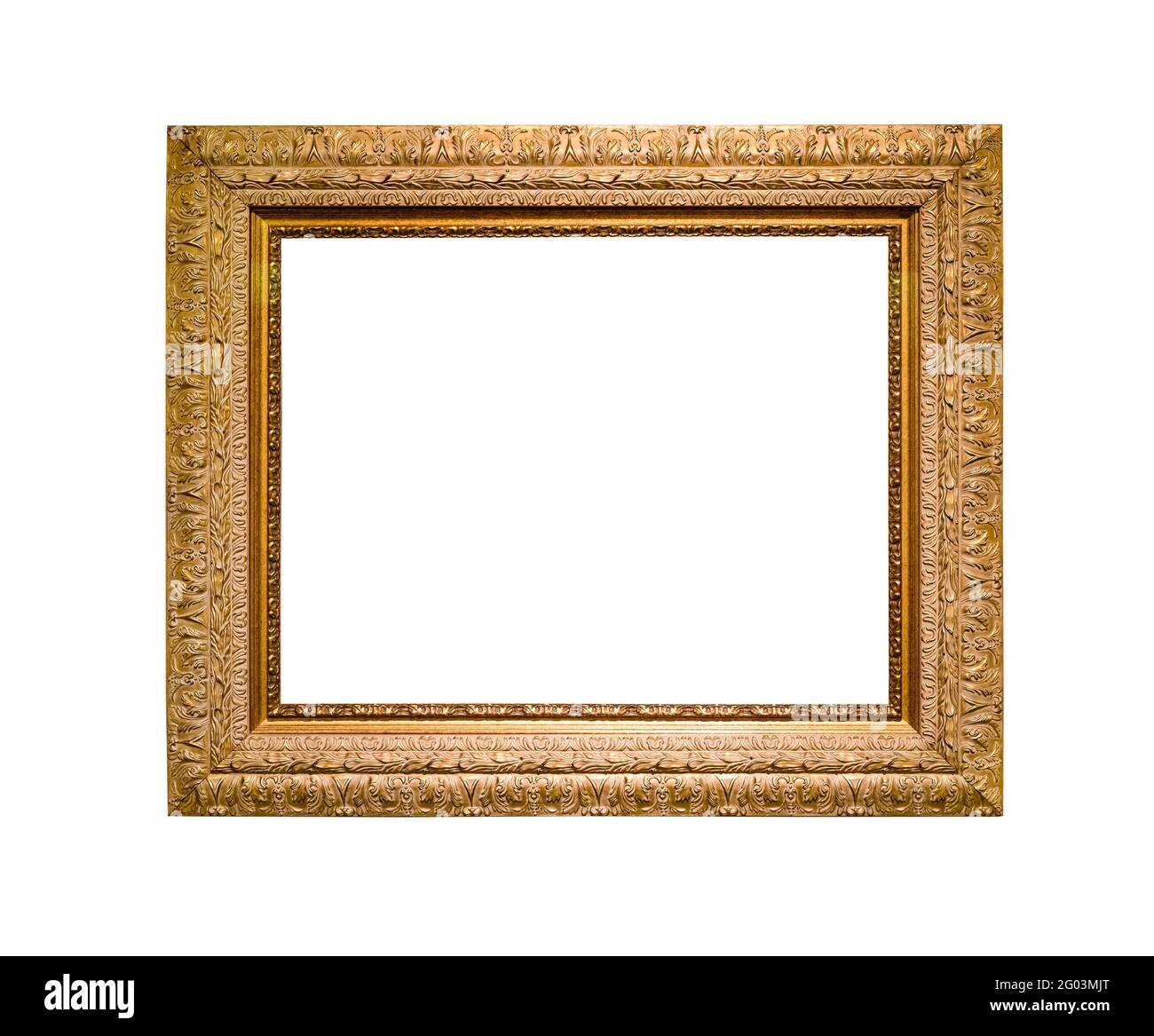 wide classic carved wooden picture frame with cut out canvas isolated