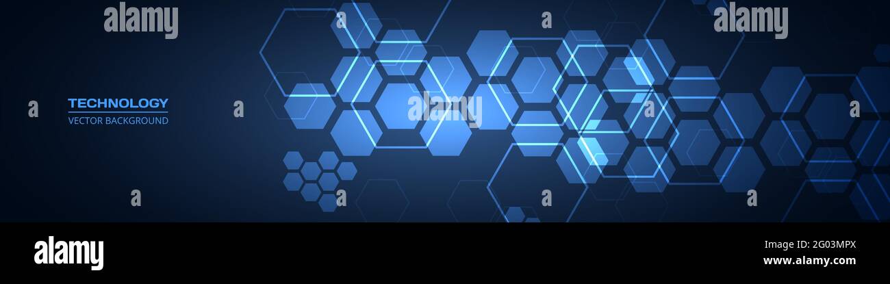 Dark blue technology abstract wide background with hexagonal elements. Abstract hexagon medical navy blue horizontal banner. Innovation medicine Stock Vector