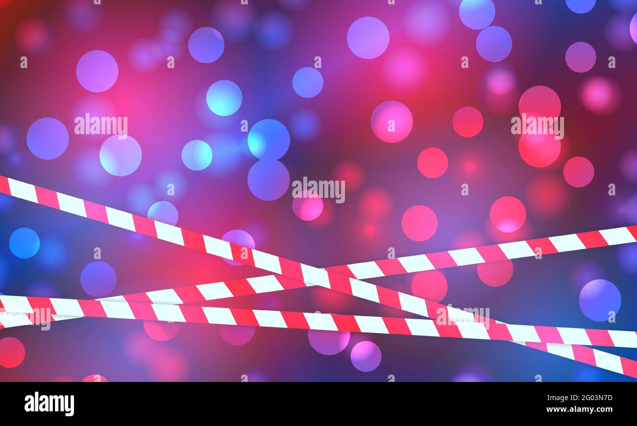 Police lights flash red and blue glowing flares on night bokeh background. Emergency flashing light flares bokeh background with police line. Stock Vector