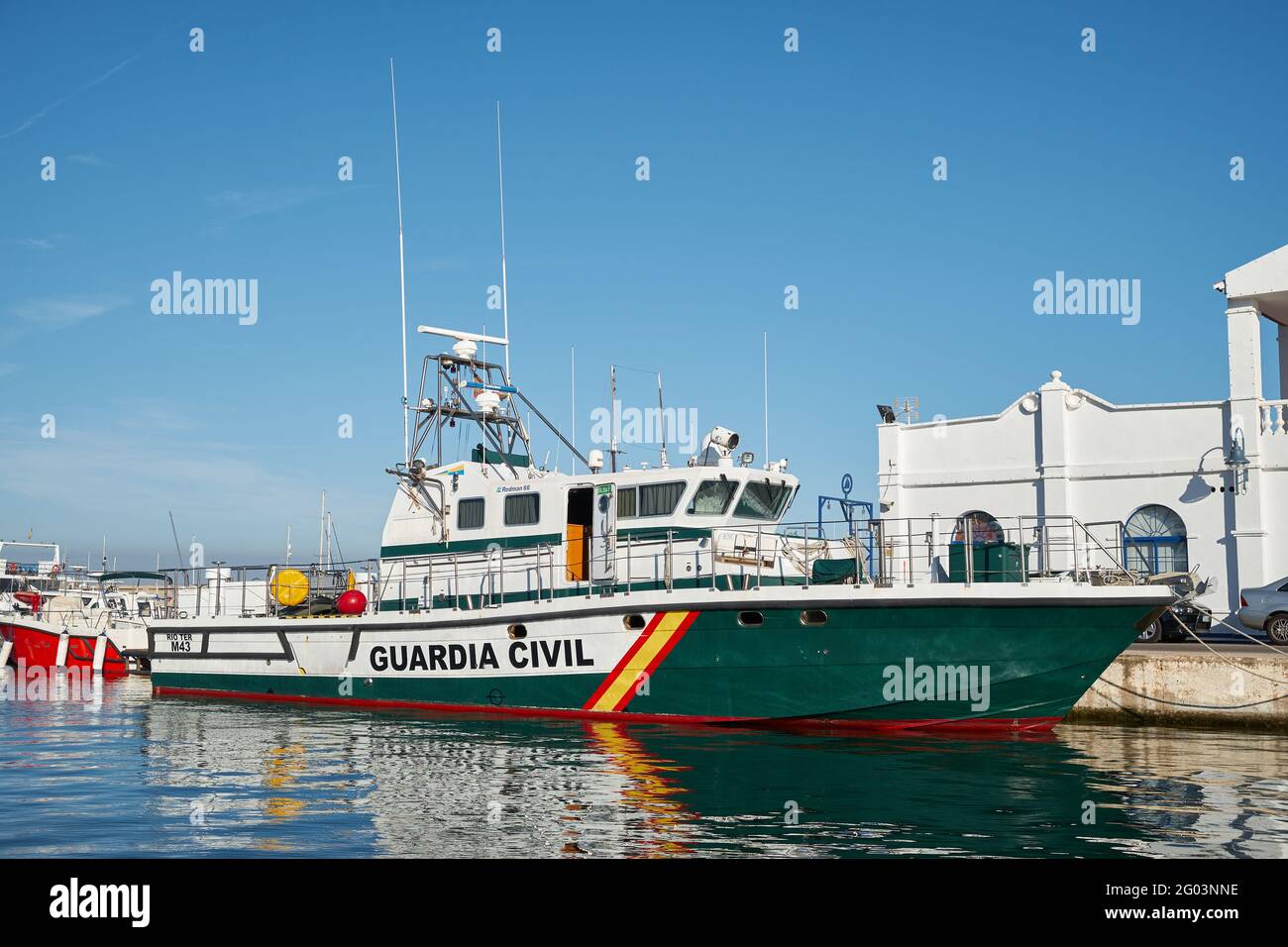 Spanish Guardia Civil boat moored in the port of Benalmadena, Malaga province, Andalusia, Spain. Stock Photo