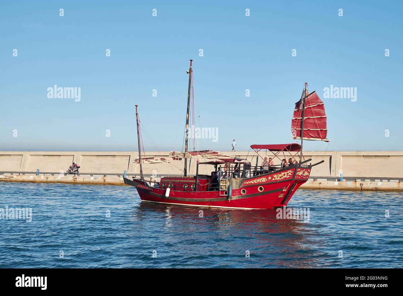 Tourist Chinese junk style boat entering Benalmadena port, Malaga province, Andalusia, Spain. Stock Photo