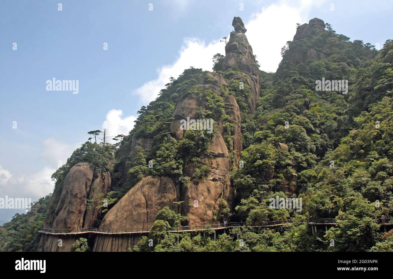 Sanqingshan Mountain in Jiangxi Province, China. Rocky outcrops and  forested slopes on Mount Sanqing. Tourists walk along a path clinging to  the cliff Stock Photo - Alamy