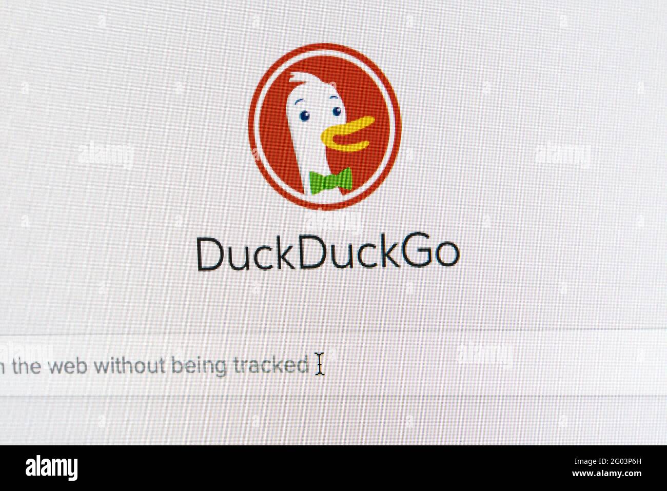 31-05-2021 Hamburg, Germany: close-up view of DuckDuckGo search engine homepage in browser window on computer monitor Stock Photo